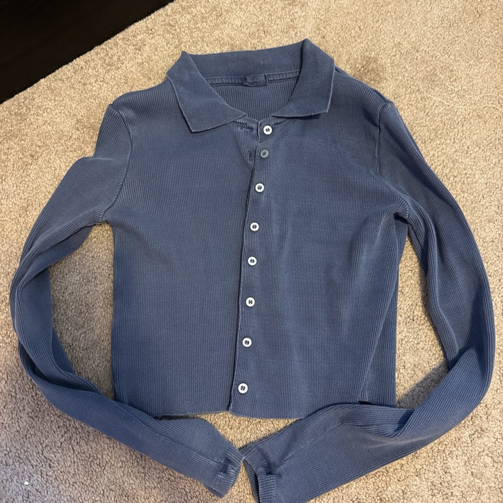Brandy Melville Slate Blue Ribbed Button-Front Top